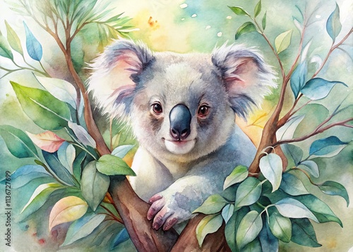 Watercolor Koala Eucalyptus Tree Painting - Soft Art Print, Adorable Wildlife Art, Aussie Animal Illustration photo