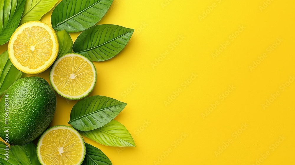 A bunch of lemons and limes with green leaves on a yellow background A bunch of lemons and limes with green leaves on a yellow background