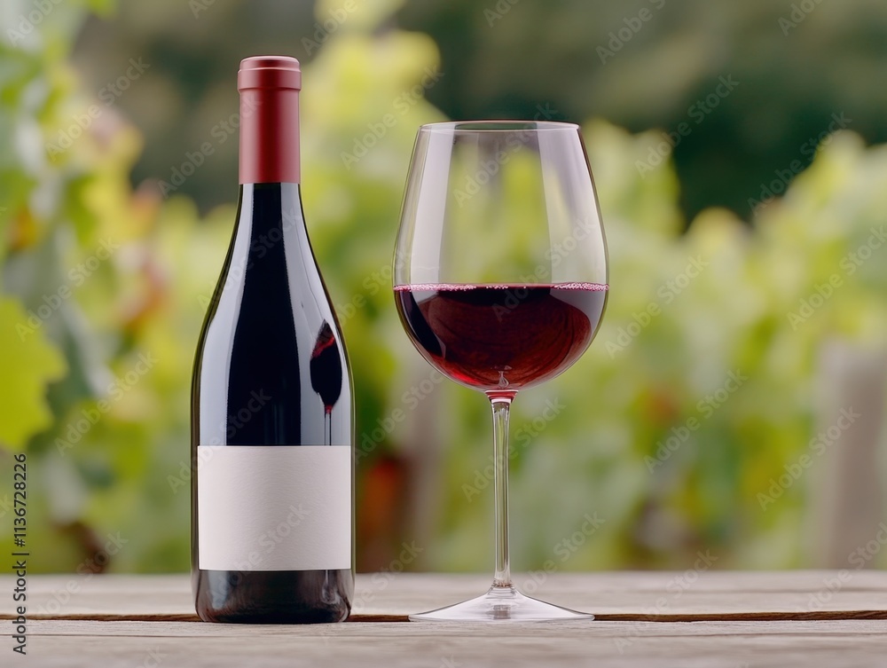 Fototapeta premium Bottle of red wine with a glass of wine on a wooden table against a vineyard background, AI