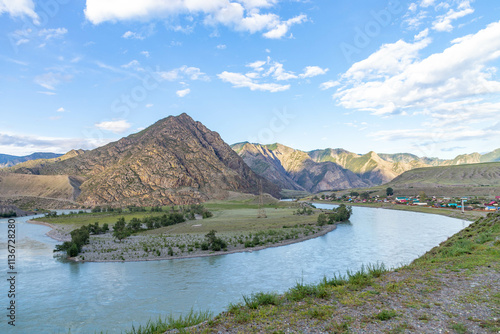 Beautiful view from the Chuisky tract (or Chuya Highway) to the Katun river. Chuisky tract (or Chuya Highway), Altai republic, Russia
