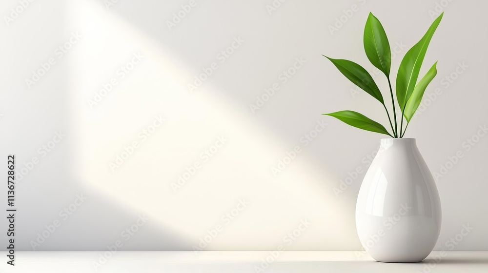 A white vase with a green plant in it on a table A white vase with a green plant in it on a table