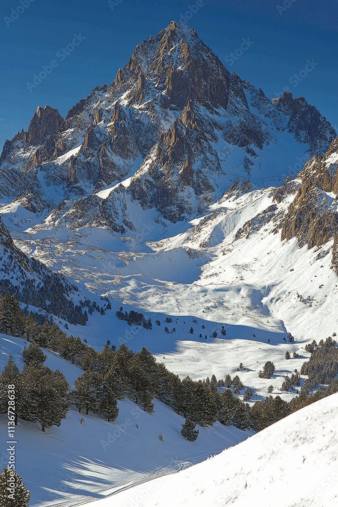 Snow covered mountain rises majestically above a forest of pine trees in bright winter sunlight Snow covered mountain rises majestically above a forest of pine trees in bright winter sunlight