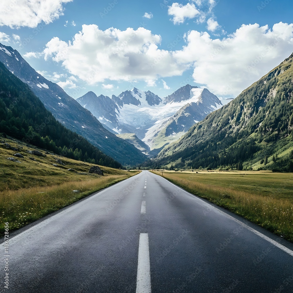 Fototapeta premium Winding Mountain Road Leading to Majestic Peaks Scenic Landscape View