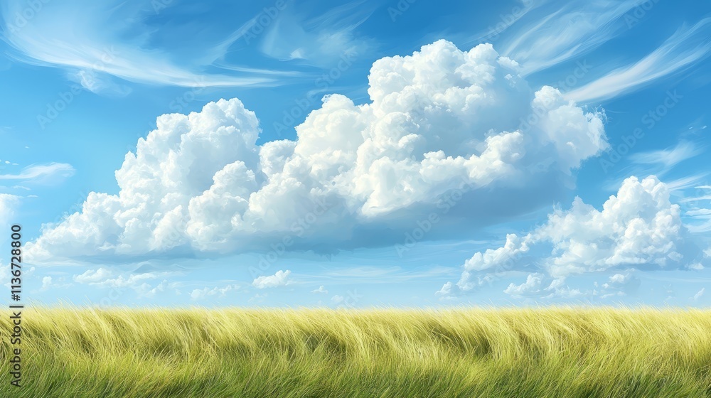 Obraz premium A field of green grass under a blue sky with white clouds