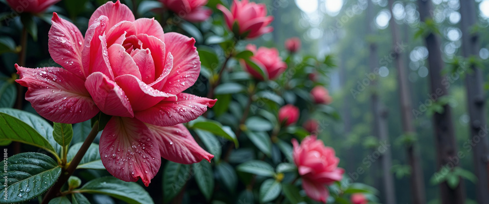 A red rose is in the foreground of a mountain landscape. The mountain range is covered in trees and the sky is cloudy. Concept of tranquility and natural beauty A red rose is in the foreground of a mountain landscape. The mountain range is covered in trees and the sky is cloudy. Concept of tranquility and natural beauty