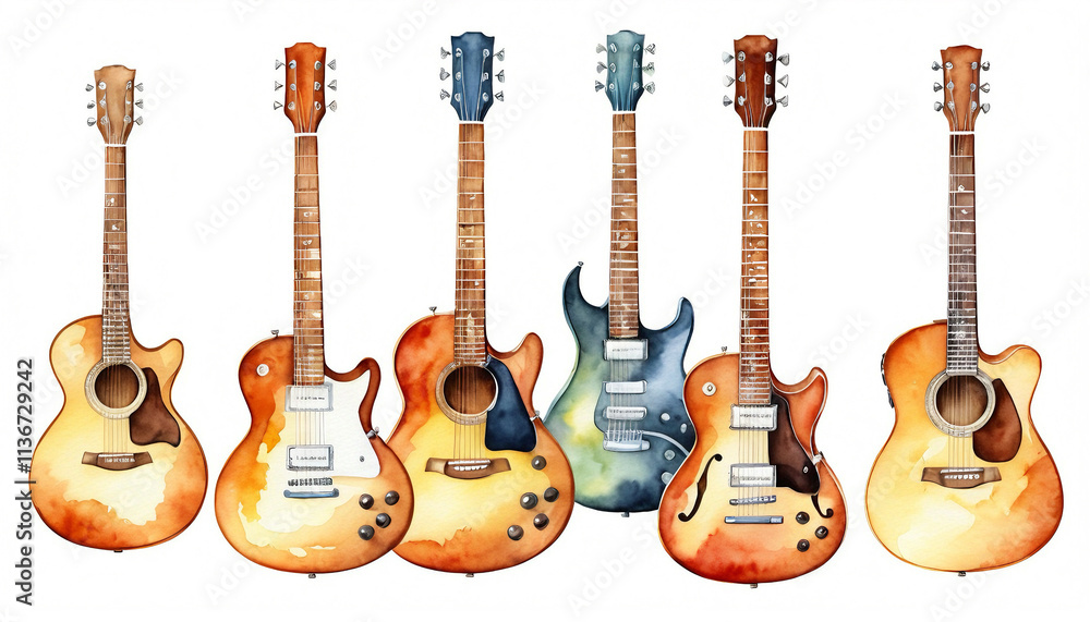 Naklejka premium Watercolor painting featuring a vibrant collection of uniquely designed guitars against a clean white backdrop, highlighting the beauty and diversity of musical instruments.