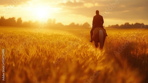 Riding into the sunset through golden fields with a horse at dusk