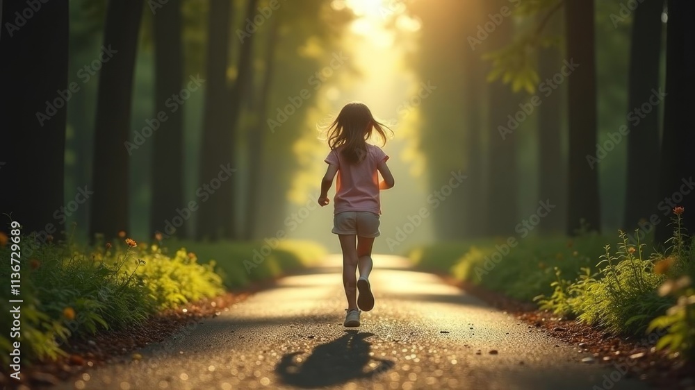 Fototapeta premium a child runs along a path in the forest
