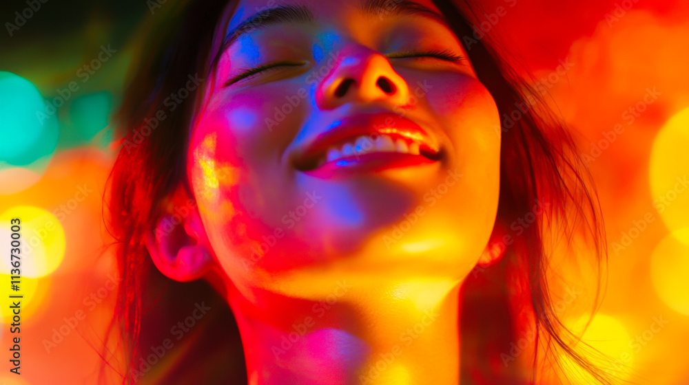 Fototapeta premium Smiling young woman enjoying colorful lights at a lively celebration in an urban setting at night