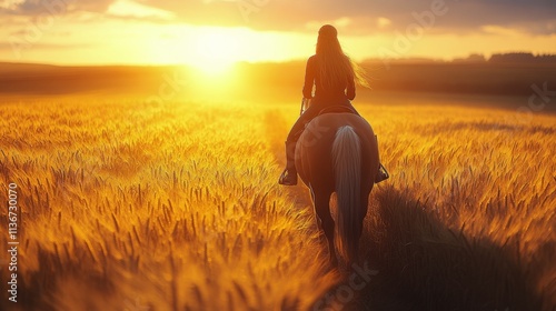 Riding into the sunset through golden fields with a horse at dusk