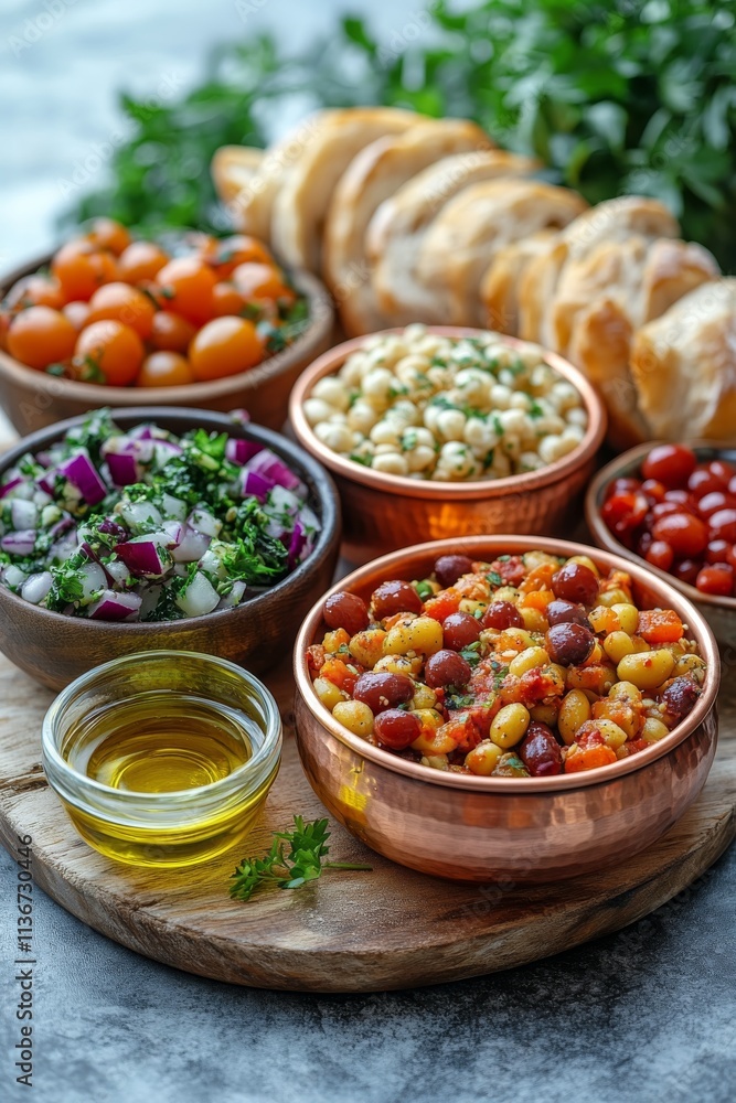 Diverse array of Mediterranean dips and appetizers on rustic wooden serving board Diverse array of Mediterranean dips and appetizers on rustic wooden serving board