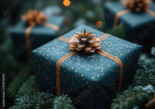 Neatly wrapped gifts adorned with pine cones nestled among evergreen branches during winter festivities photo