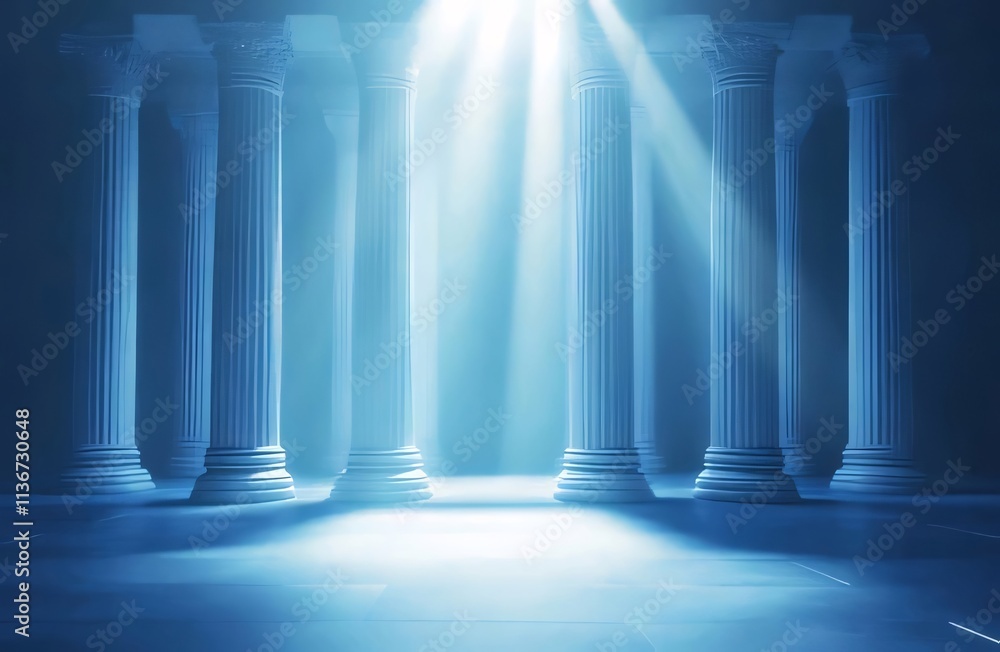 Majestic columns illuminated by dramatic light rays in a grand hall. Majestic columns illuminated by dramatic light rays in a grand hall.