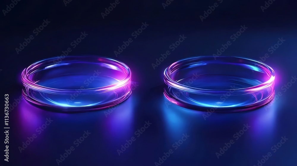 Two illuminated petri dishes on dark background. Two illuminated petri dishes on dark background.