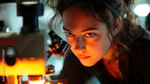 A female scientist adjusting a microscope, focused expression, cool lighting, advanced lab setting, photo