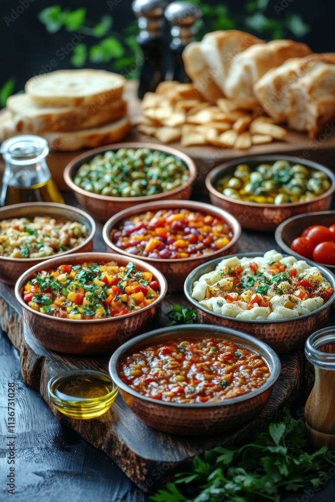 Fototapeta premium Diverse array of Mediterranean dips and appetizers on rustic wooden serving board