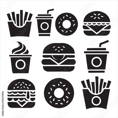 Classic Black and White Fast Food Icons Set for Restaurant Menus