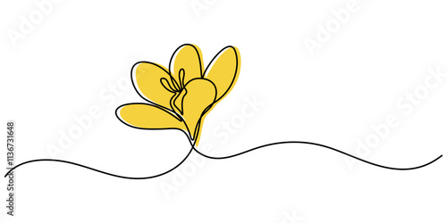 Spring crocus flower in continuous line art drawing style. Minimalist black linear sketch isolated on white background. Vector illustration, Spring crocus flower in continuous line art drawing style.