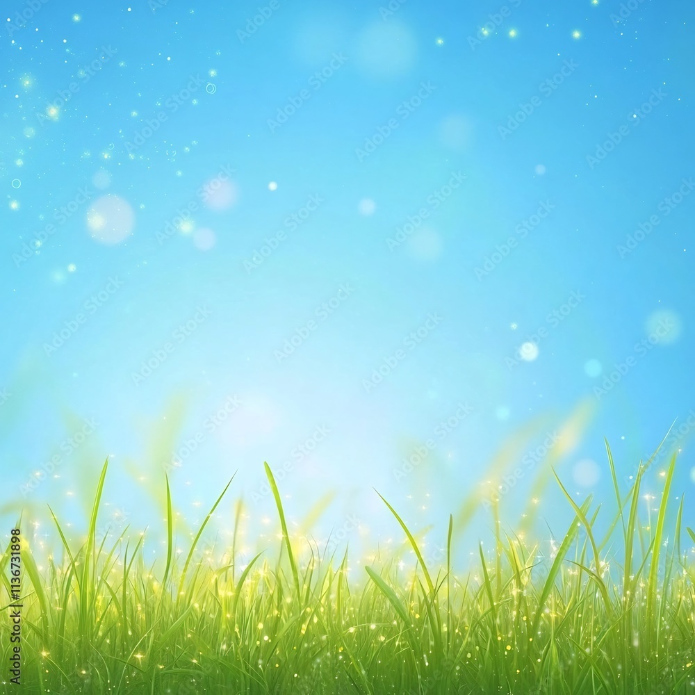 Sunny Spring Meadow with Vibrant Green Grass and Dreamy Blue Sky Backdrop Sunny Spring Meadow with Vibrant Green Grass and Dreamy Blue Sky Backdrop