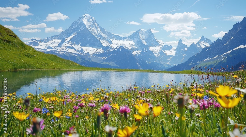 Obraz premium A breathtaking alpine meadow with wildflowers in the foreground, a crystal-clear lake, and towering snow-capped peaks, vibrant and serene