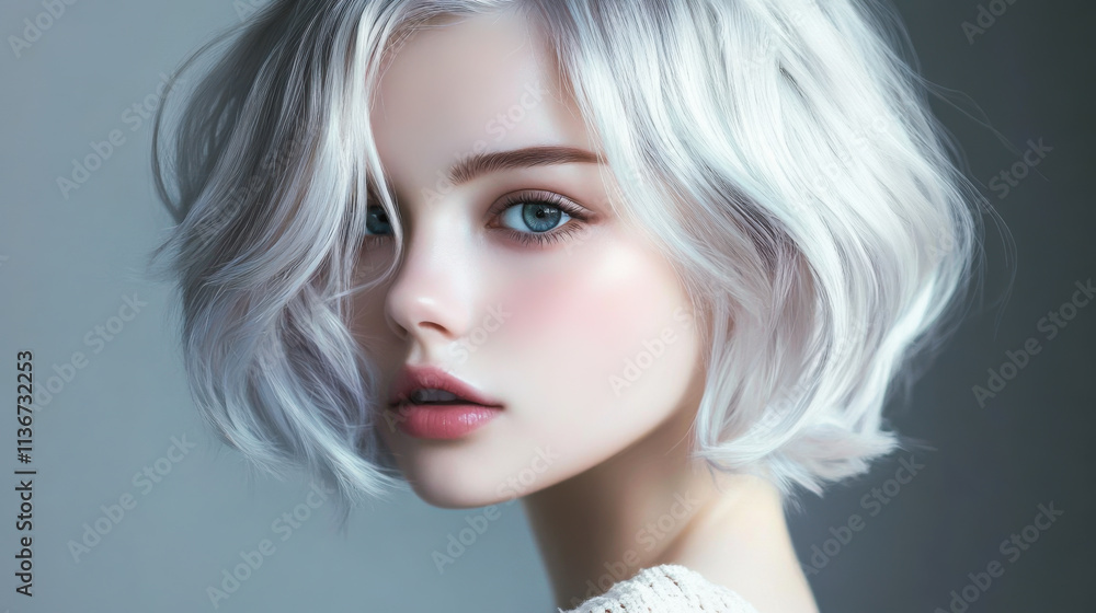Young woman with short silver hair gazing thoughtfully, showcasing natural beauty and serene expression Young woman with short silver hair gazing thoughtfully, showcasing natural beauty and serene expression