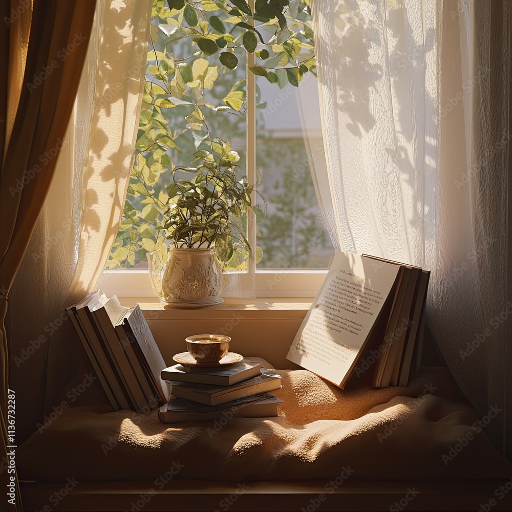 Fototapeta premium A window with a potted plant and a stack of books