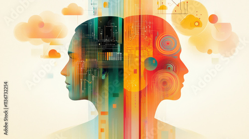 Two abstract human profiles back-to-back, illustrating the concepts of technology versus nature through colorful, flowing patterns and digital elements.