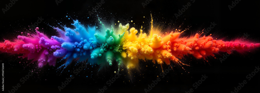 Horizontal explosion of rainbow Holi powders on black background Horizontal explosion of rainbow Holi powders on black background