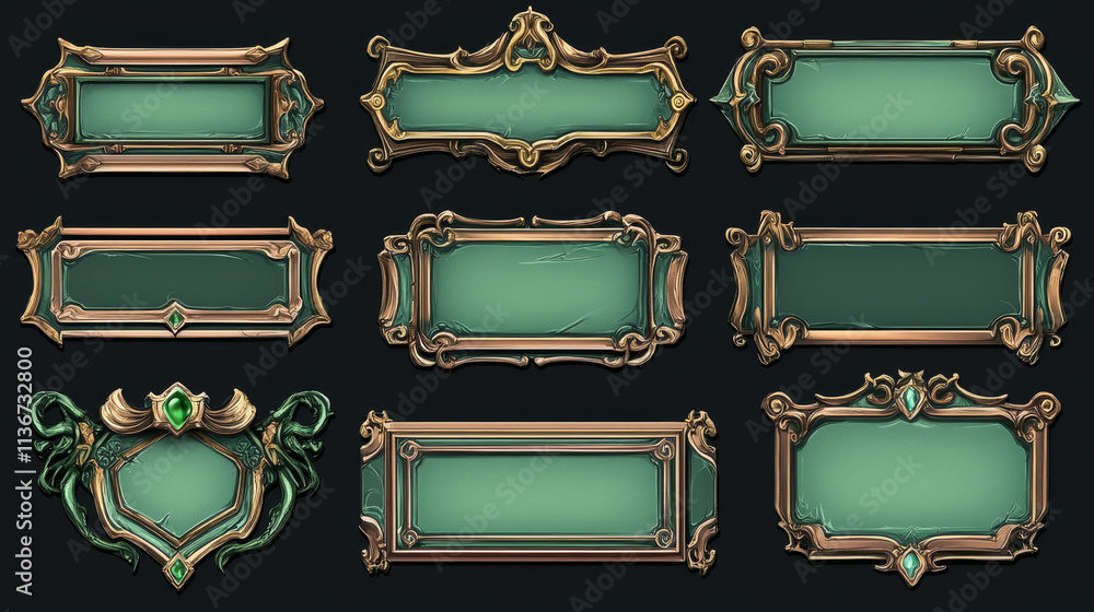 Game ui frames, green medieval borders with gold rims. Interface menu elements, buttons, banners or sign boards with golden ornate vignette and glass plaques. Empty royal gui bars Cartoon vector set Game ui frames, green medieval borders with gold rims. Interface menu elements, buttons, banners or sign boards with golden ornate vignette and glass plaques. Empty royal gui bars Cartoon vector set