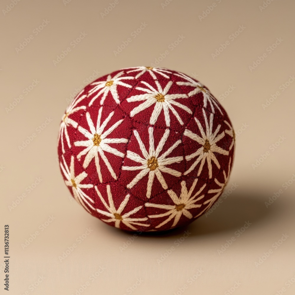 Handcrafted Decorative Ball With Intricate Embroidery Patterns on Red Fabric Handcrafted Decorative Ball With Intricate Embroidery Patterns on Red Fabric
