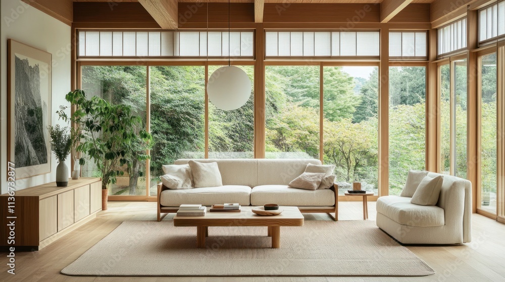 Fototapeta premium Modern minimalist living room with large windows, wooden floors, and comfortable off-white sofas.