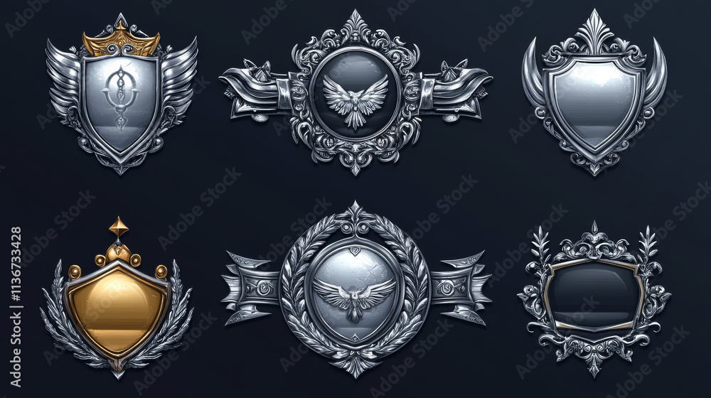 Square fantasy game user avatar border set for rpg game. Silver medieval ui button frame in vector for winner icon design on dark background. Ancient ornament rank gui asset for name title template. Square fantasy game user avatar border set for rpg game. Silver medieval ui button frame in vector for winner icon design on dark background. Ancient ornament rank gui asset for name title template.