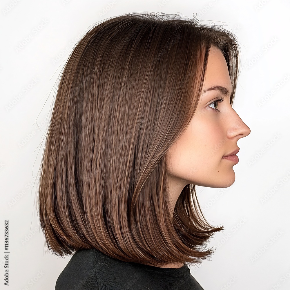 Elegant Profile of Woman with Shiny Straight Keratin Brown Hair on White Background Elegant Profile of Woman with Shiny Straight Keratin Brown Hair on White Background