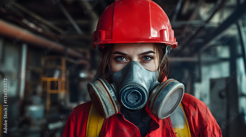 A woman adorned in a vibrant red helmet and protective gas mask stands confidently in a hazardous work environment. Her sturdy attire hints at the dangerous nature of her surroundings. A woman adorned in a vibrant red helmet and protective gas mask stands confidently in a hazardous work environment. Her sturdy attire hints at the dangerous nature of her surroundings.