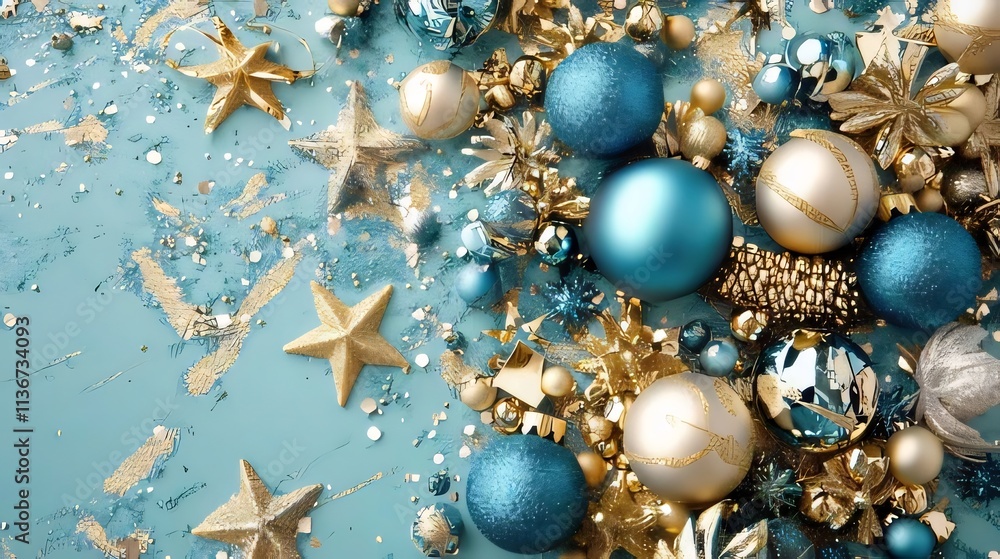 Teal and gold Christmas ornaments, stars, and glitter on blue background. Teal and gold Christmas ornaments, stars, and glitter on blue background.