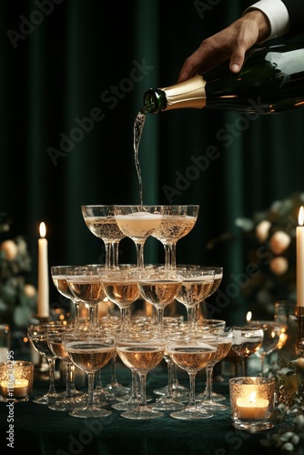 a hand is pouring champagne in Champagne tower with glasses, luxurious green curtains in the background