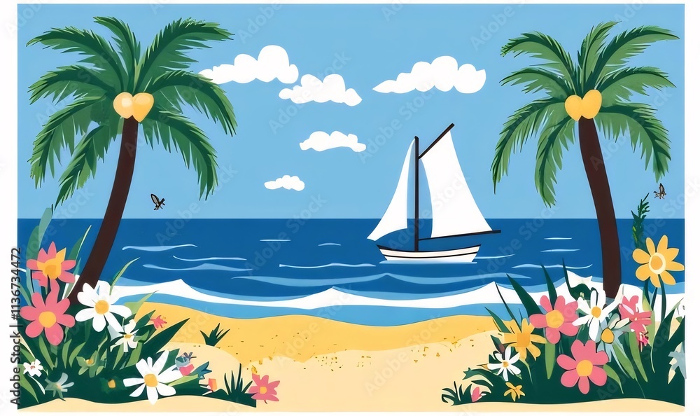 Tropical beach scene with palms, boat. Tropical beach scene with palms, boat.