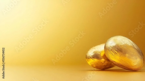 Two golden chocolate eggs on a yellow background