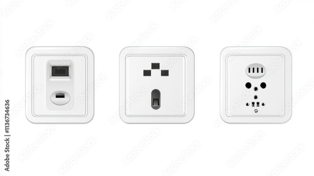Electric sockets and switches on wall. Vector realistic set of 3d different types toggles and outlet for chinese, european and russian plugs, adapter connectors. Black plastic house supplies Electric sockets and switches on wall. Vector realistic set of 3d different types toggles and outlet for chinese, european and russian plugs, adapter connectors. Black plastic house supplies