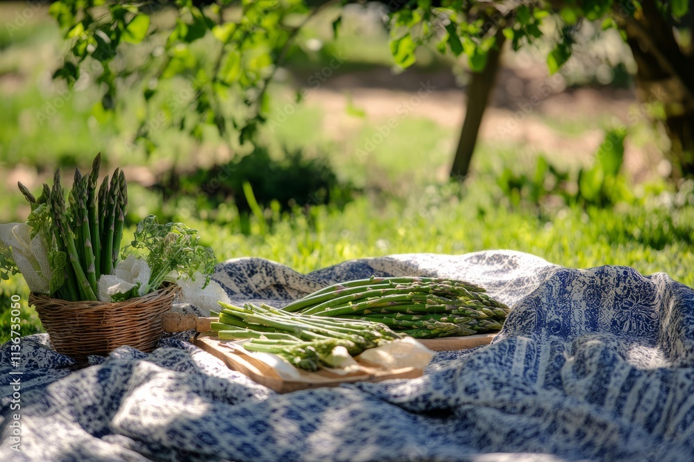 Fresh green asparagus spears, arranged on a wooden board and in a basket, rest on a blanket in a garden, creating a rustic, farm-to-table scene Fresh green asparagus spears, arranged on a wooden board and in a basket, rest on a blanket in a garden, creating a rustic, farm-to-table scene