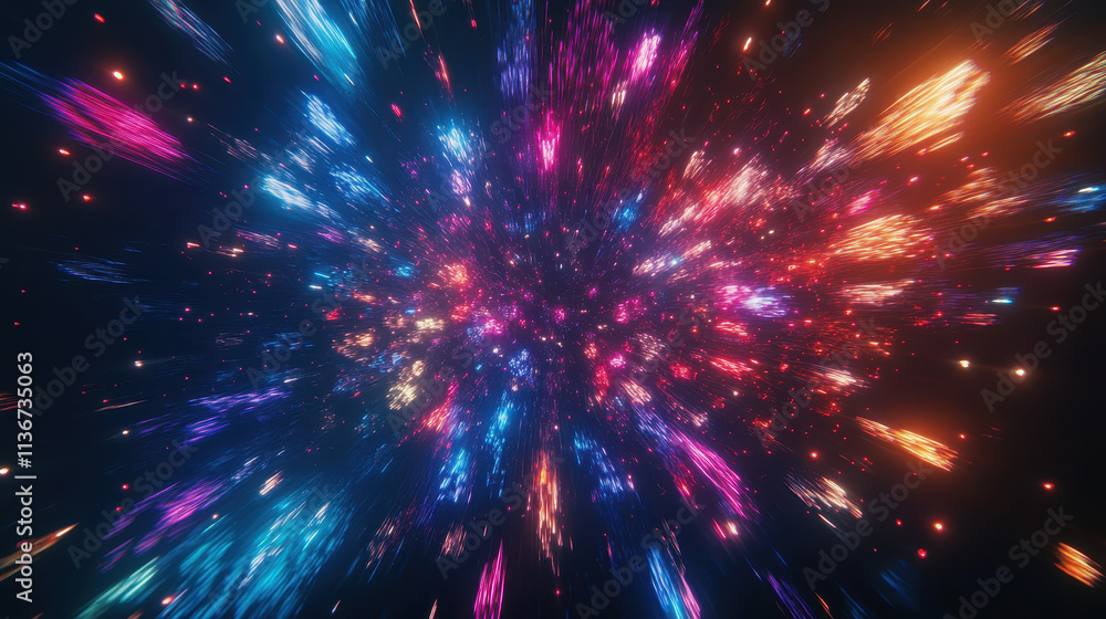 Fototapeta premium Hyperspace Jump: A vibrant colorful journey through a nebula of light streaks and cosmic dust a dazzling display of energy and motion illustrating the wonder of interstellar travel.