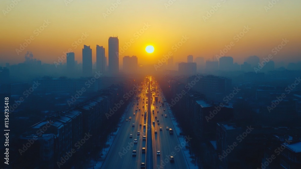 Fototapeta premium Sunset over city skyline with busy roadway reflecting golden light
