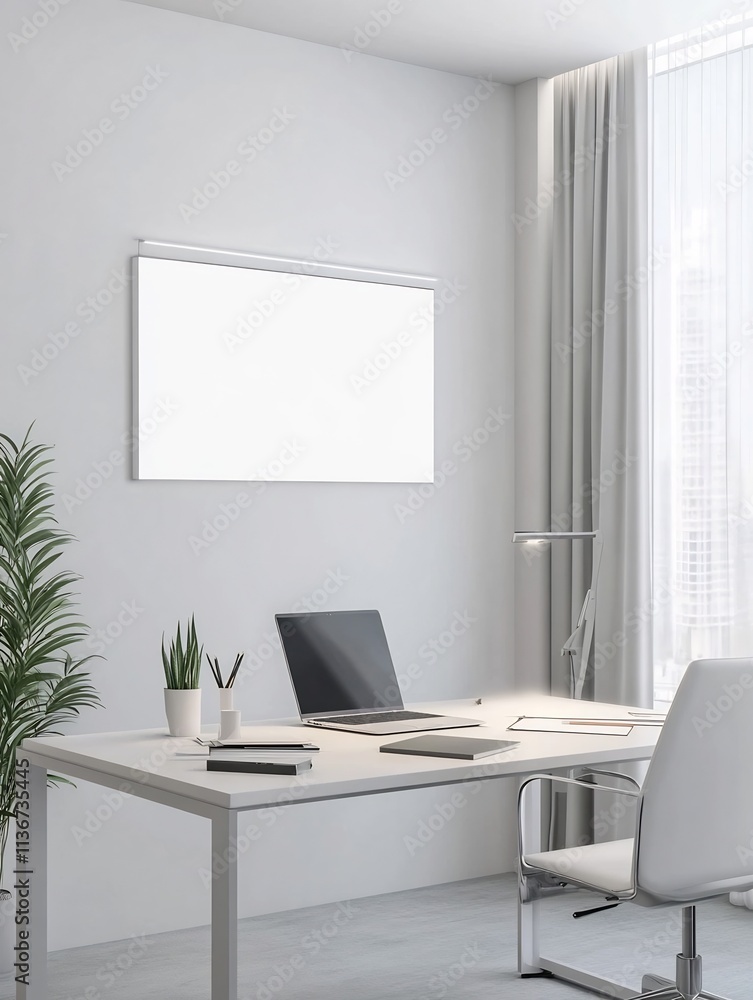 Sleek and Functional Office Space with Centered Photo Frame and Abundance of Natural Light Sleek and Functional Office Space with Centered Photo Frame and Abundance of Natural Light