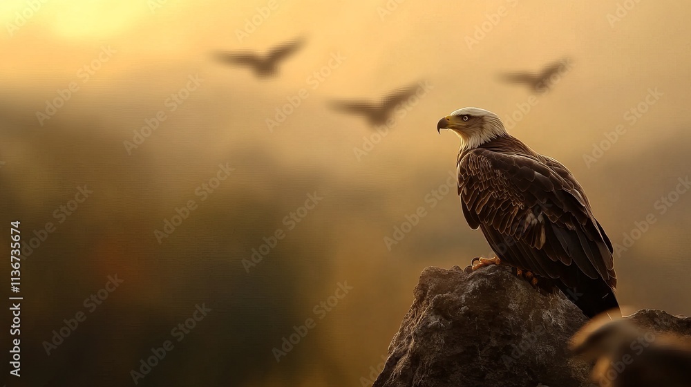 Fototapeta premium A majestic bald eagle perched on a rock, silhouetted against a golden sunset and flying birds in the background.
