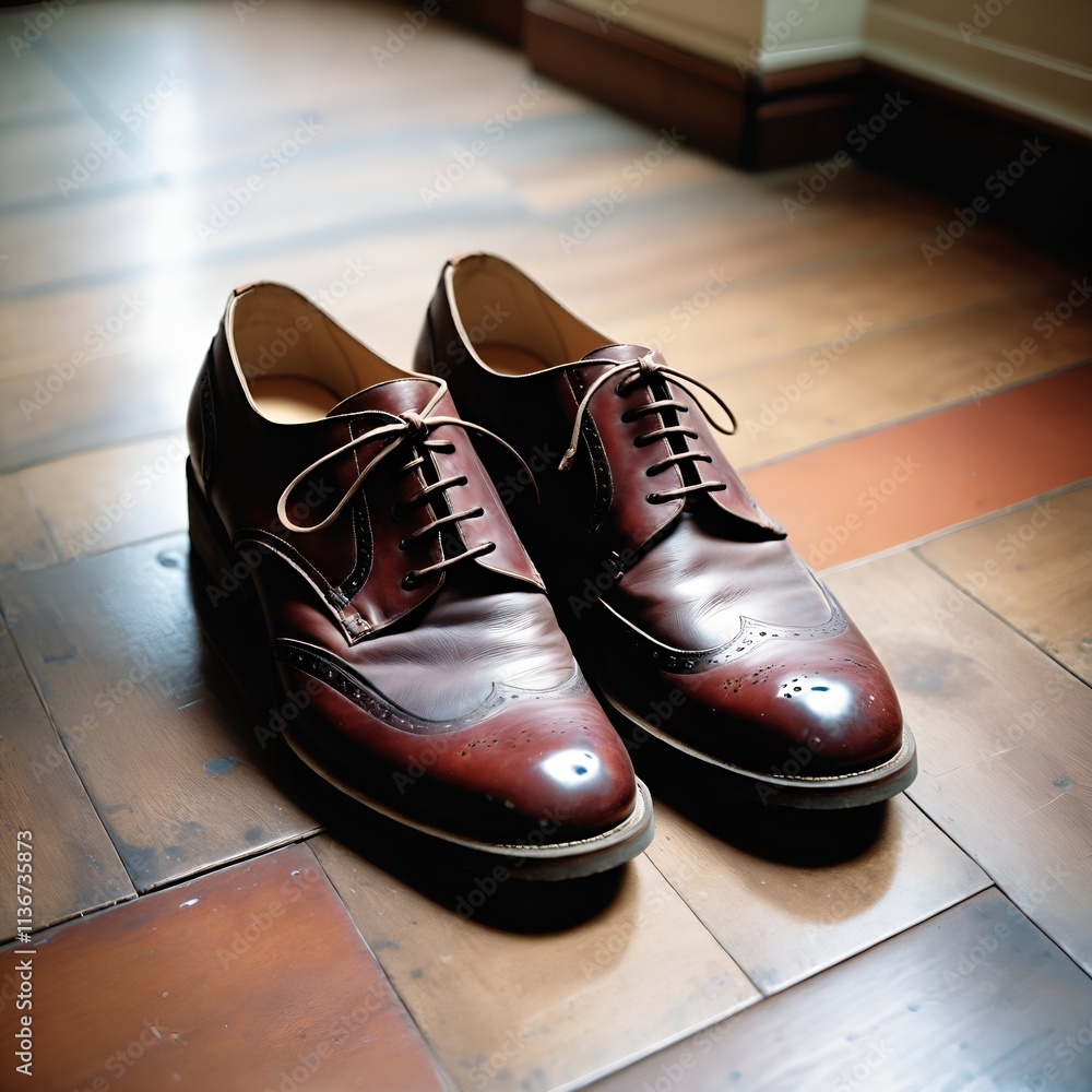 Used male leather shoes on wooden floor. Used male leather shoes on wooden floor.