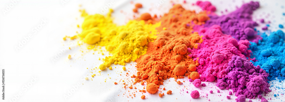 Artistic spread of multicolored Holi powders on a clean white background Artistic spread of multicolored Holi powders on a clean white background