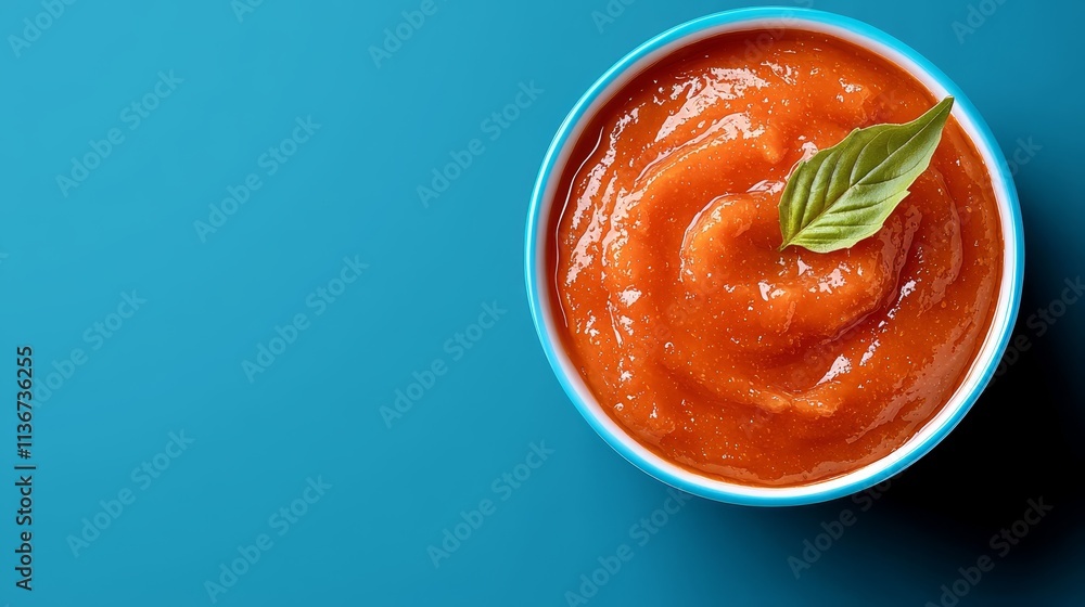 A bowl of tomato sauce with a basil leaf on top A bowl of tomato sauce with a basil leaf on top