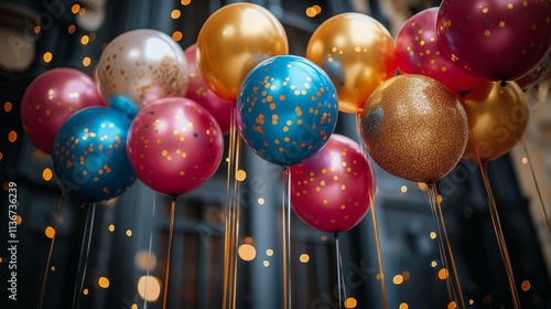 Colorful balloons with confetti floating at a festive celebration in a lively setting