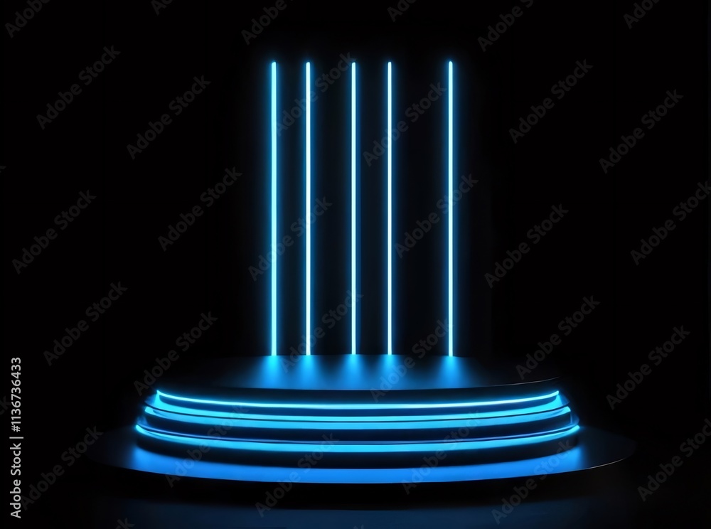 Blue neon light, steps, platform, black backdrop. Blue neon light, steps, platform, black backdrop.
