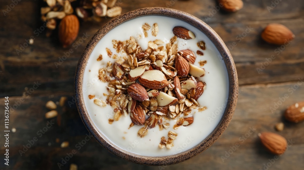 Healthy breakfast with yogurt, almonds and granola in a bowl placed on a rustic wooden table, top view Healthy breakfast with yogurt, almonds and granola in a bowl placed on a rustic wooden table, top view